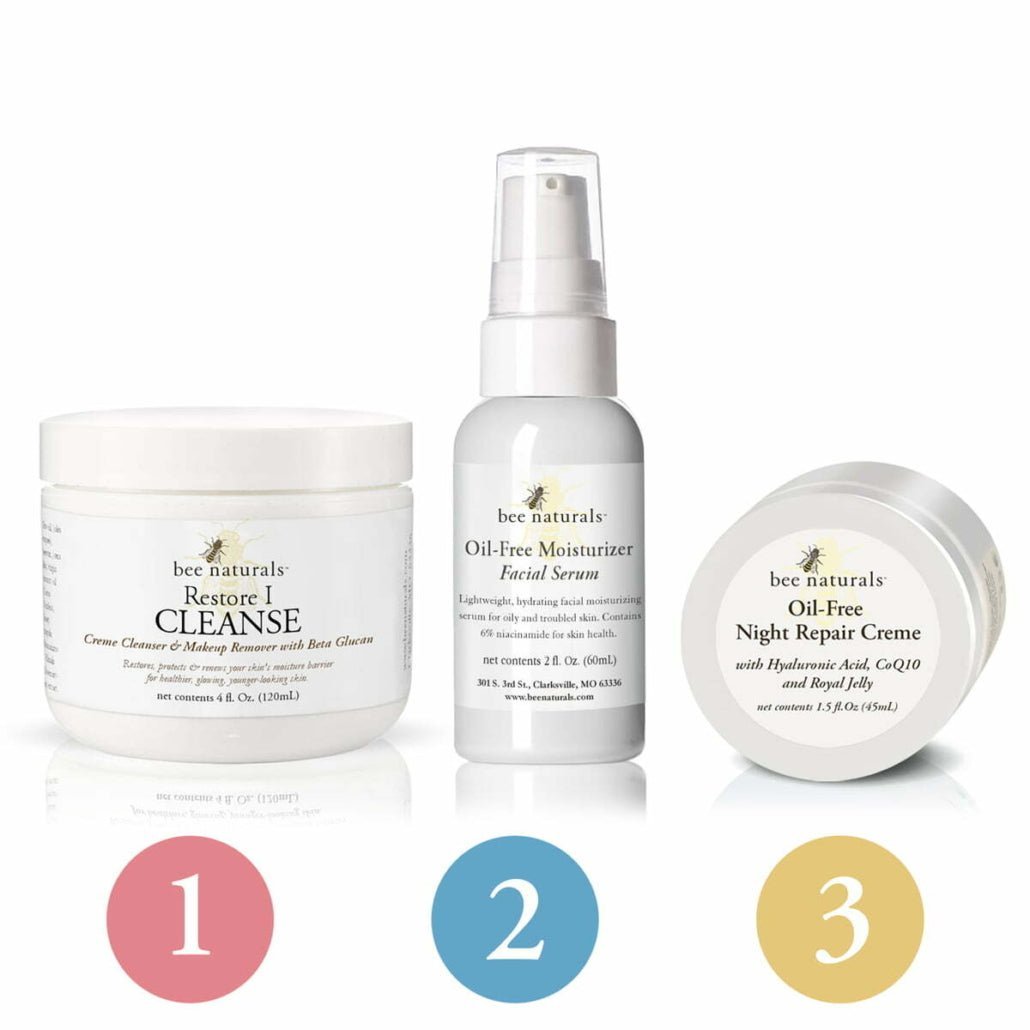 3 - Step Skincare System for Combination Skin – Cleanse, Hydrate, and Repair | Includes Restore Cleansing Creme, Oil - Free Moisturizing Serum & Night Repair Creme | Balances Oily T - Zone & Normal Areas - Bee Naturals