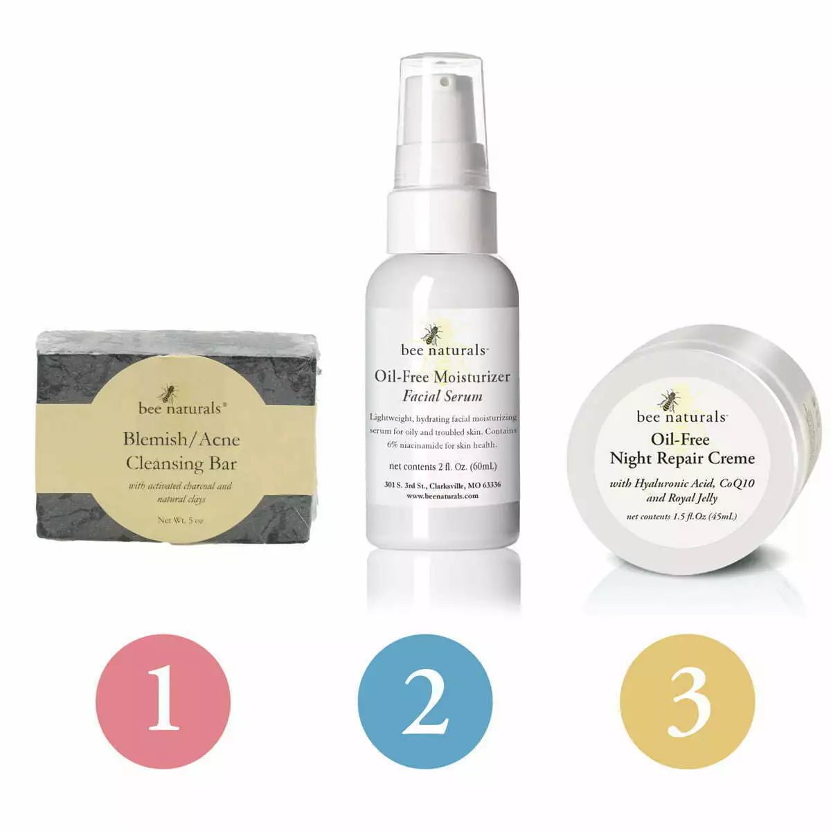 3 - Step Skincare System for Combination Skin – Clear Blemishes, Hydrate, and Repair | Includes Acne Cleansing Bar, Oil - Free Facial Serum & Night Repair Creme | Balances Skin with Targeted Care - Bee Naturals