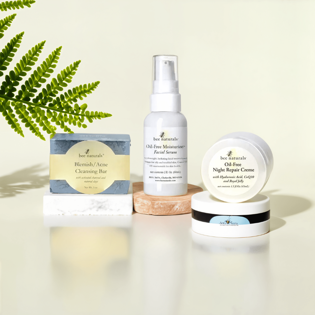 3 - Step Skincare System for Combination Skin – Clear Blemishes, Hydrate, and Repair | Includes Acne Cleansing Bar, Oil - Free Facial Serum & Night Repair Creme | Balances Skin with Targeted Care - Bee Naturals