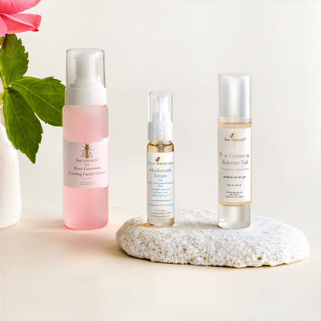 3 - Step Skincare System for Normal Skin – Gentle Cleanse, Hydrate, and Lock in Moisture | Includes Rose Geranium Cleanser, Hyaluronic Serum & Moisture Veil for Healthy, Radiant Skin - Bee Naturals