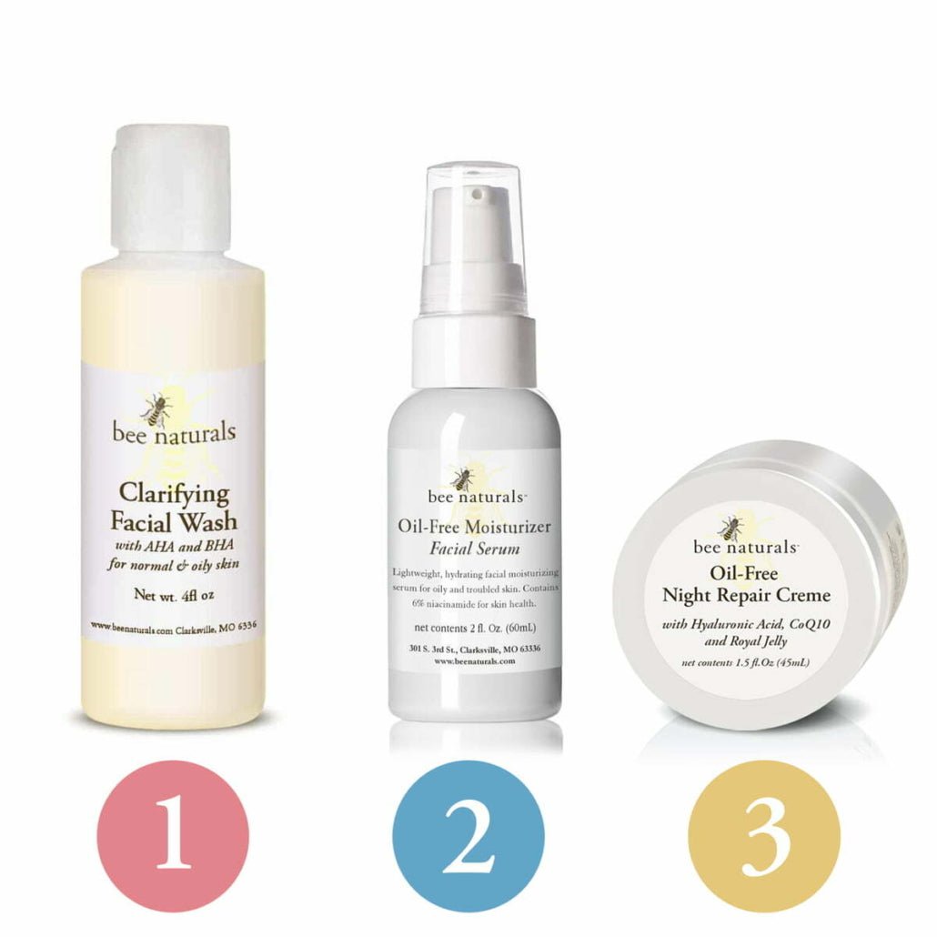 3 - Step Skincare System for Oily, Congested, Acneic Skin – Includes Clarifying Face Wash, Oil - Free Moisturizer, and Night Repair Cream for Clear, Balanced Skin - Bee Naturals