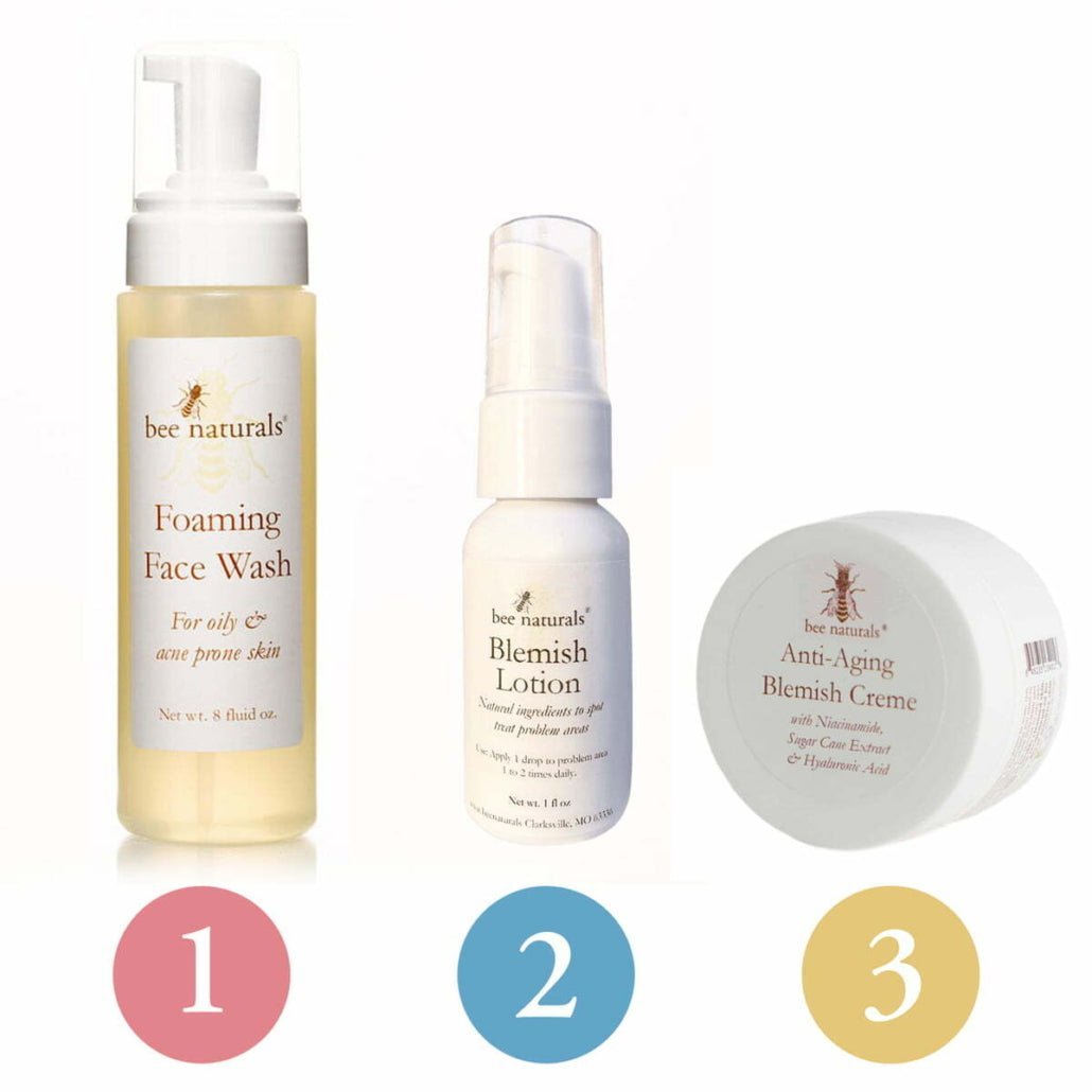 3 - Step Skincare System for Oily, Congested, Acneic Skin – Includes Self - Foaming Face Wash, Hydrating Blemish Lotion, and Anti - Aging Blemish Creme for Clear, Youthful Skin - Bee Naturals