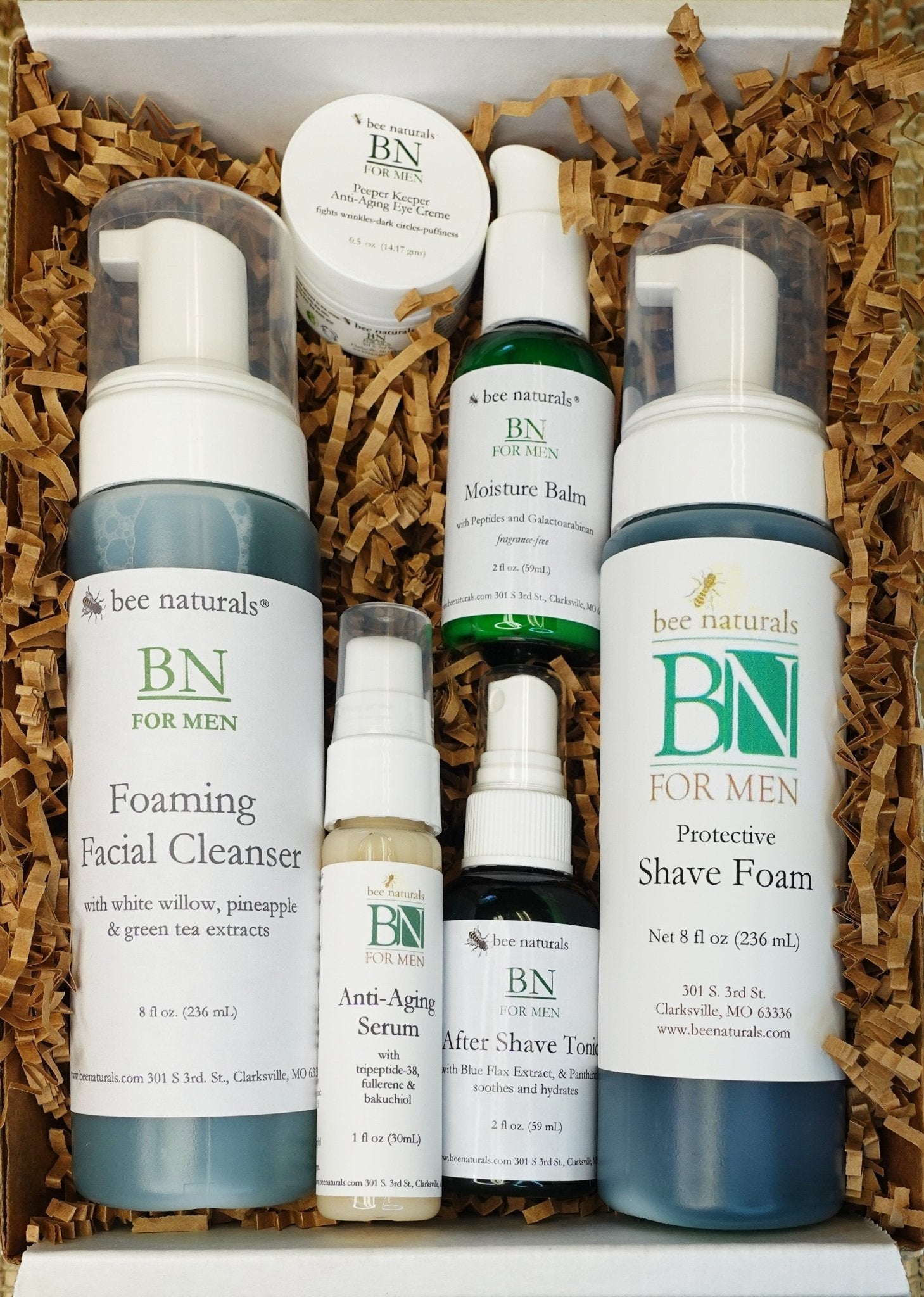 BN For Men Ultimate Skincare Set – Complete Grooming and Skincare Solution for Men with Anti - Aging Serum, Moisture Balm, Aftershave Tonic, Shaving Foam, Foaming Facial Cleanser, and Peeper Keeper Eye Creme – Gift Box Included - Bee Naturals