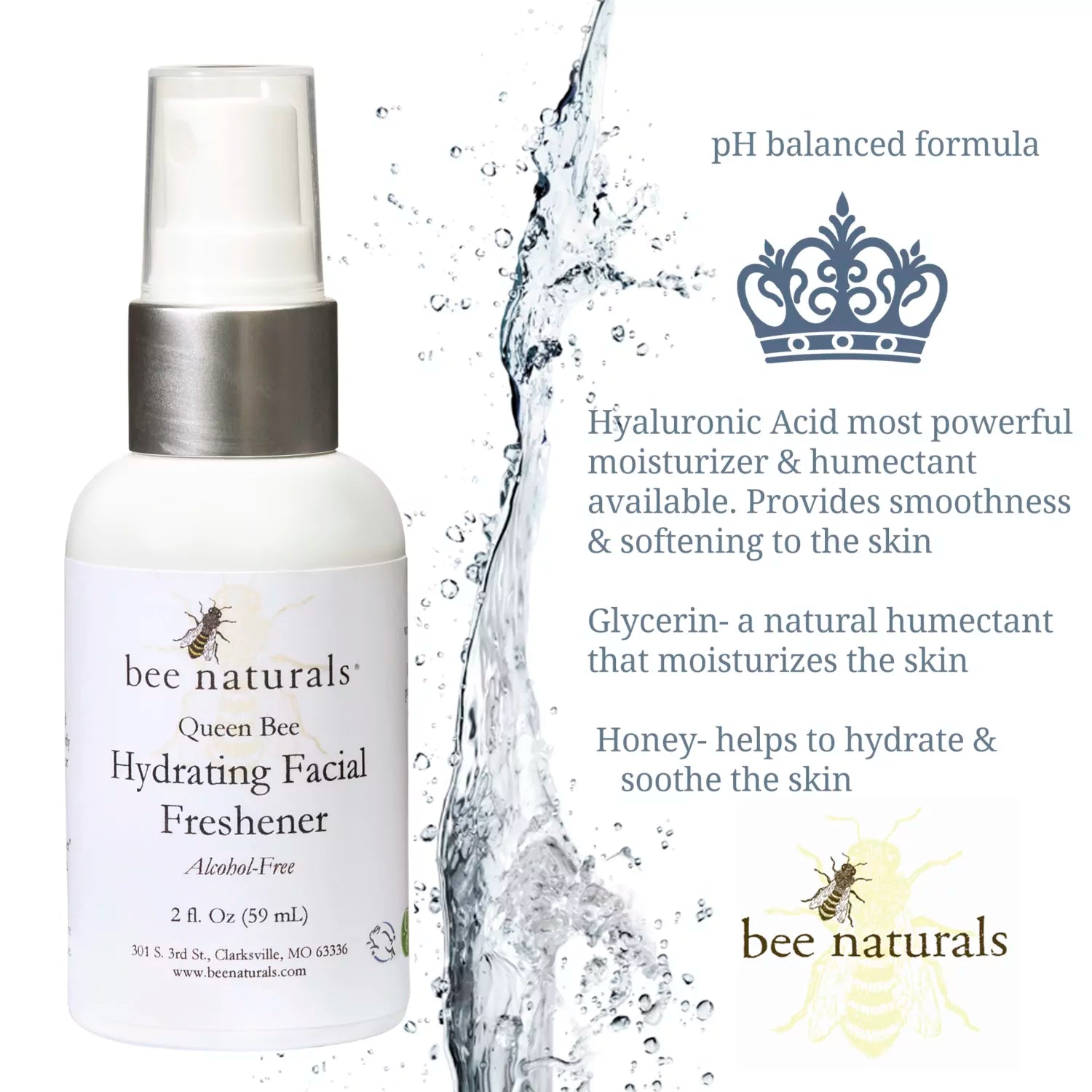 Hydrating Facial Freshener – Alcohol - Free Face Mist with Hyaluronic Acid, Honey & Essential Oils for All Skin Types, 4 fl oz - Bee Naturals