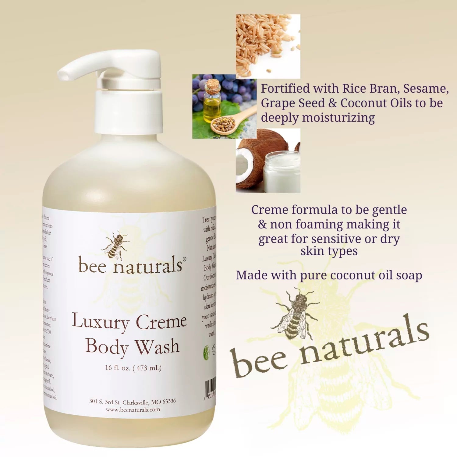 Luxury Crème Body Wash – Hydrating, Non - Foaming Formula with Coconut Oil, Rice Bran Oil & Grapeseed Oil for Soft, Smooth Skin, 16 fl oz - Bee Naturals