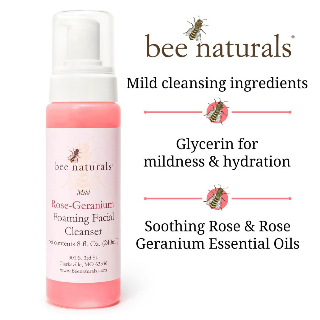 Mild Rose Geranium Foaming Facial Cleanser – Hydrating, Gentle Formula with Natural Surfactants, Honey & Glycerin, Ideal for All Skin Types, 8 fl oz - Bee Naturals