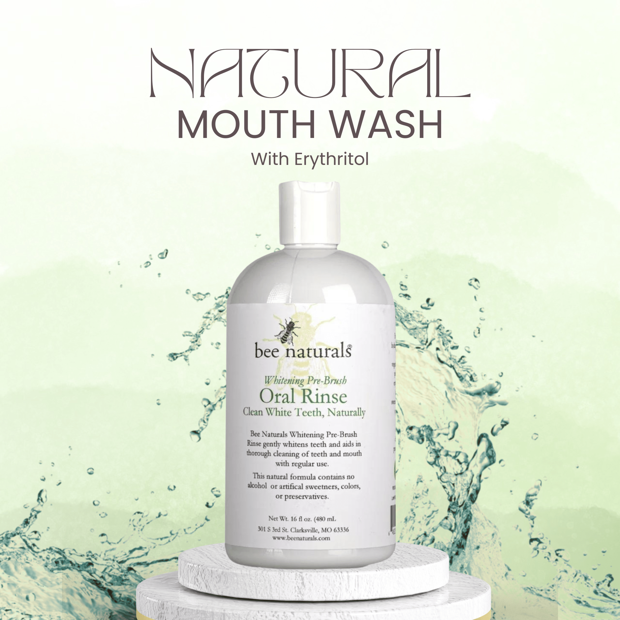 Natural Alcohol - Free Mouthwash – Gentle, Refreshing Mouth Rinse with Xylitol, Chlorophyll, Spearmint Oil, and Myrrh, 16 fl oz - Bee Naturals