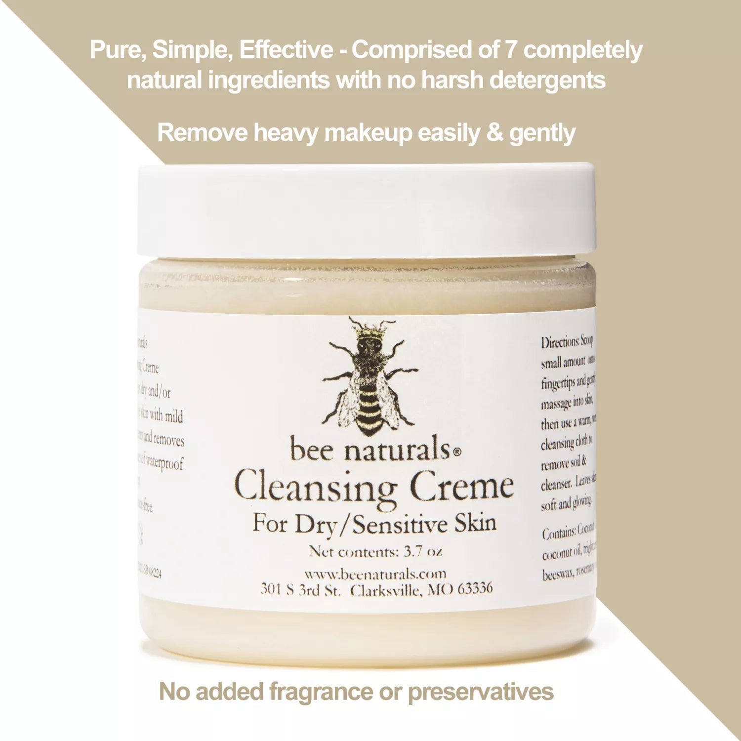 Queen Bee Cleansing Crème – Gentle Cleanser for Dry & Sensitive Skin with Coconut Oil, Beeswax & Rosemary Antioxidants, 3.7 oz - Bee Naturals