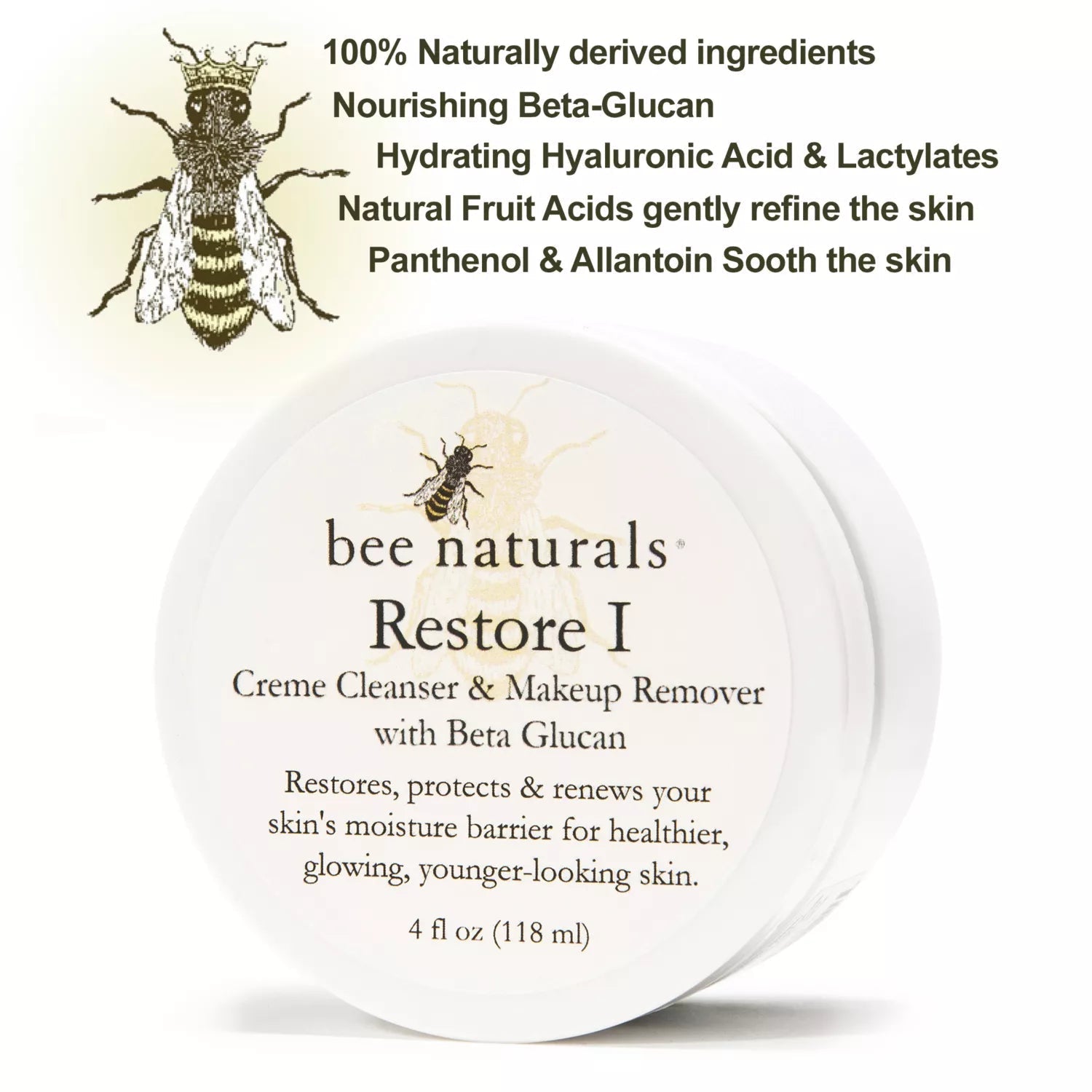 Restore I – Cleanse with Beta Glucan | Gentle Crème Cleanser & Makeup Remover | Deep Hydration & Nourishment | 4 oz & Travel Size - Bee Naturals