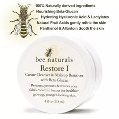 Restore I – Cleanse with Beta Glucan | Gentle Crème Cleanser & Makeup Remover | Deep Hydration & Nourishment | 4 oz & Travel Size - Bee Naturals